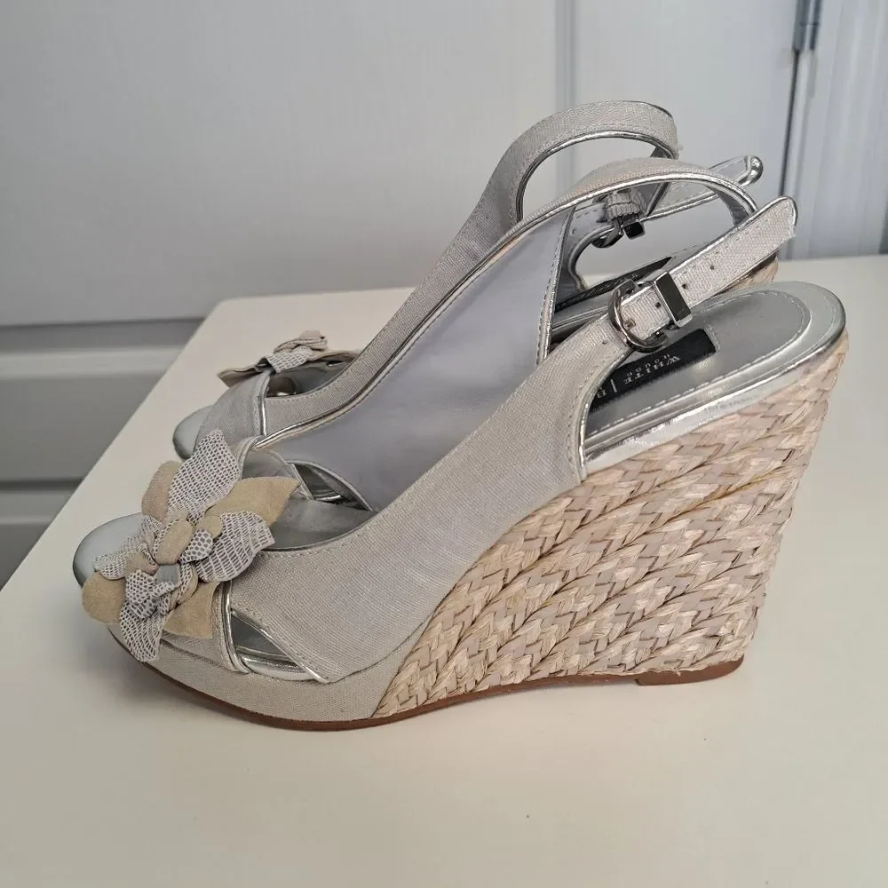 WHBM Formal Silver Wedge Heels Peep Toe Samira